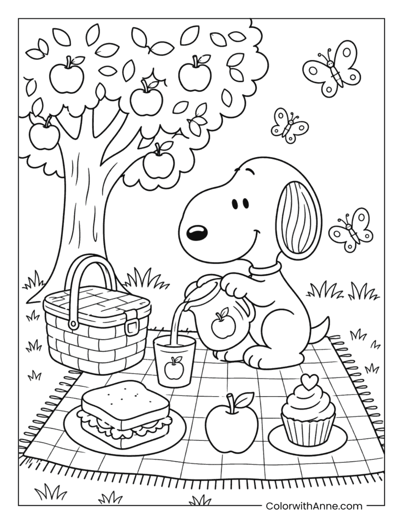 Snoopy Enjoying an Apple Orchard Picnic Coloring Page