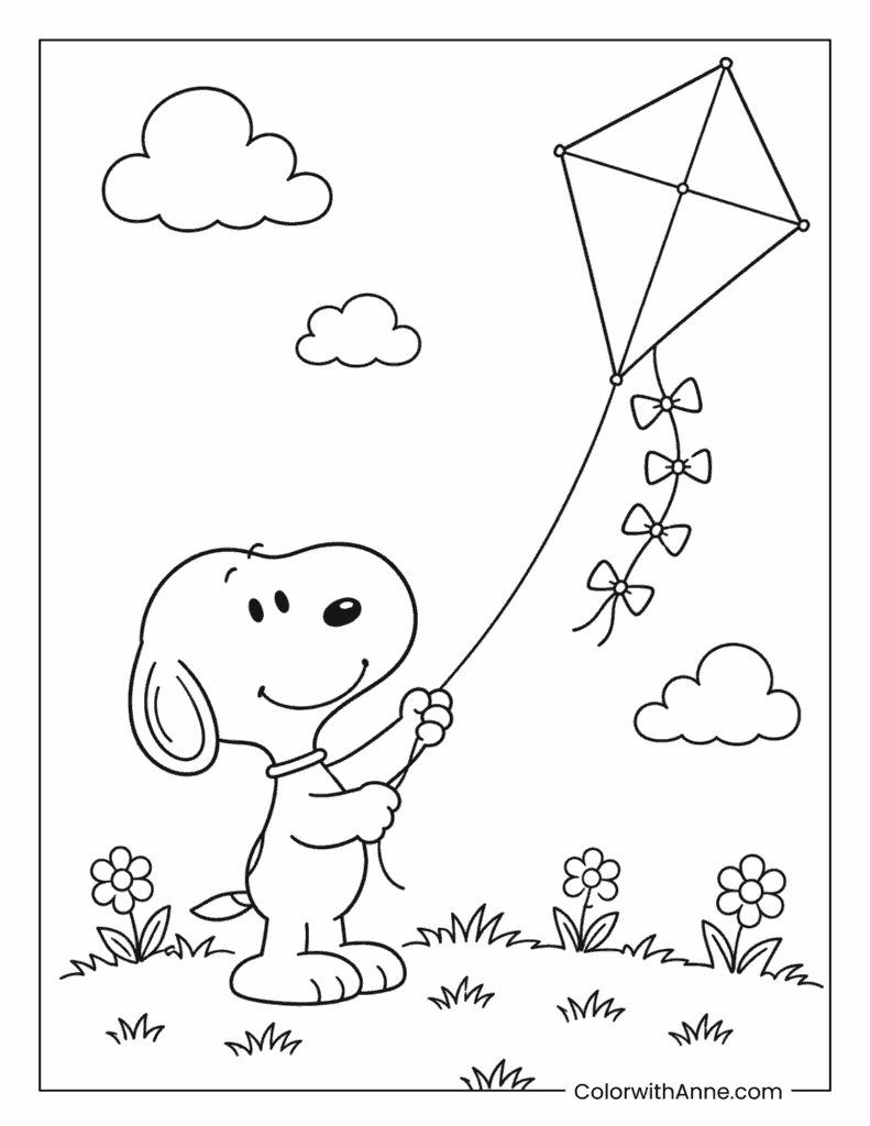 Snoopy Flying a Kite on a Breezy Day Coloring Page