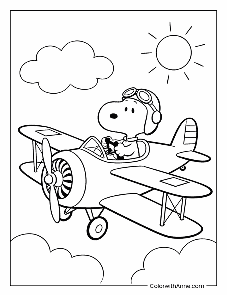 Snoopy Piloting Biplane Coloring Page