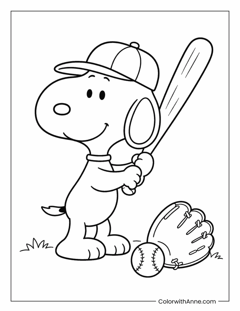 Snoopy Playing Baseball with a Bat and Glove Coloring Page