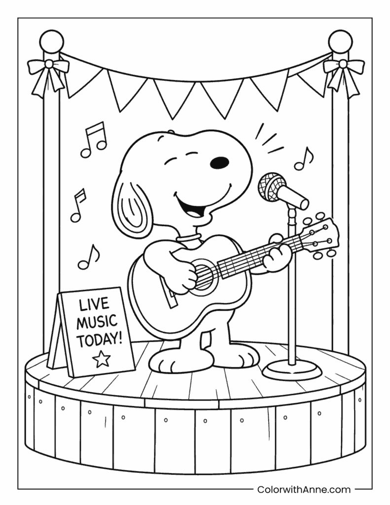 Snoopy Playing Guitar at a Live Music Show Coloring Page