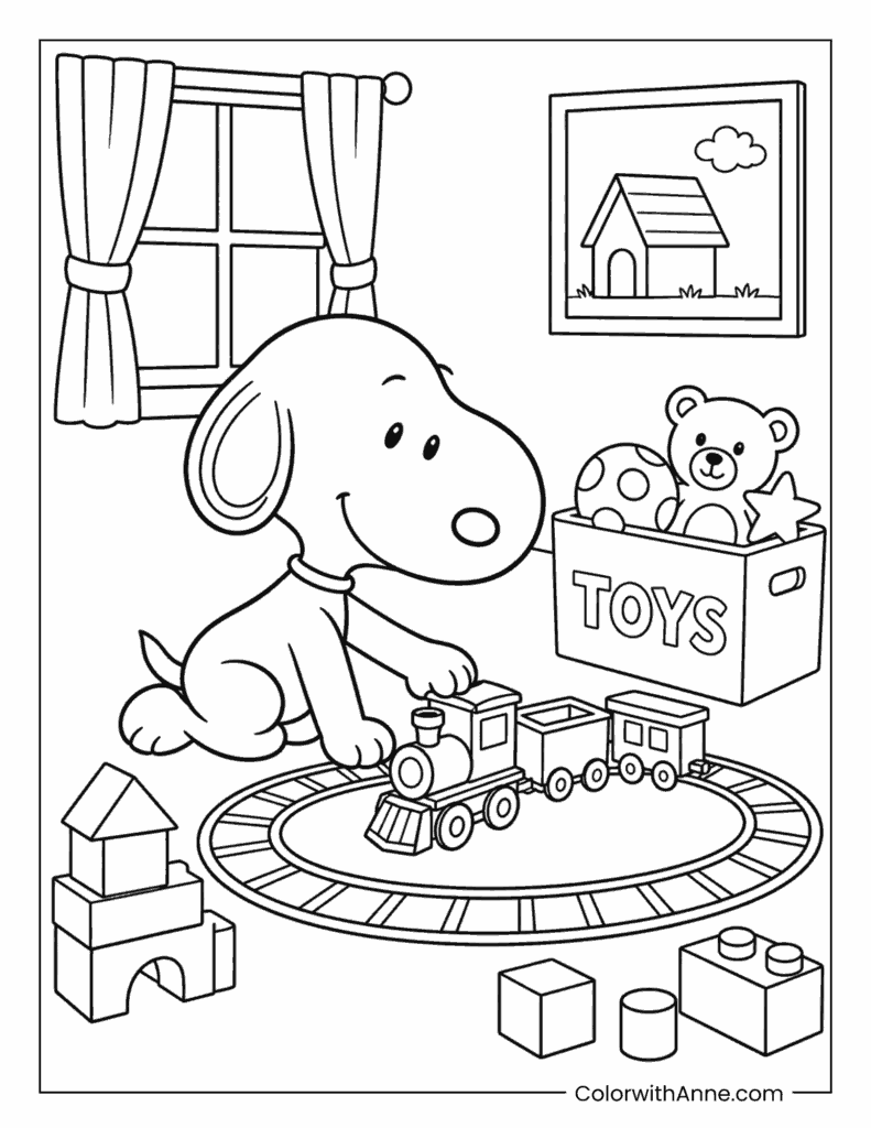 Snoopy Playing with a Toy Train Set Coloring Page
