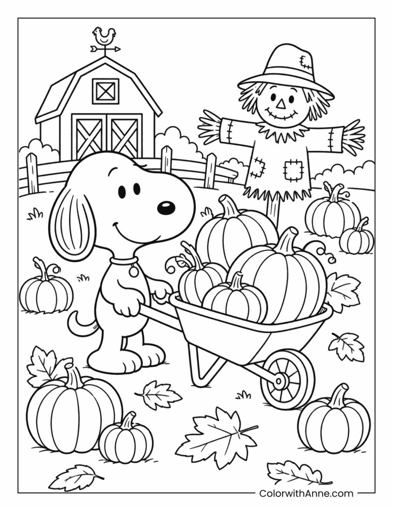 Snoopy Pushing a Wheelbarrow Full of Pumpkins Coloring Page
