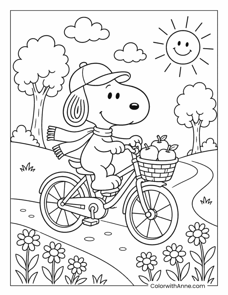 Snoopy Riding a Bicycle with a Basket of Apples Coloring Page