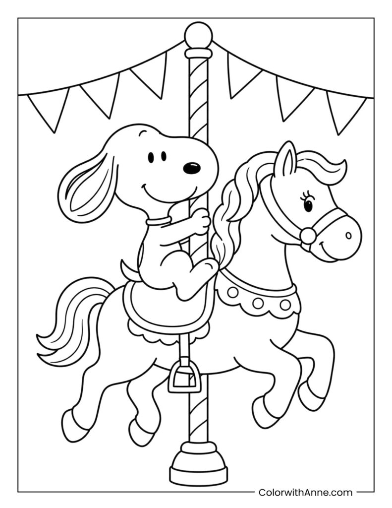 Snoopy Riding a Carousel Horse Coloring Page for Kids