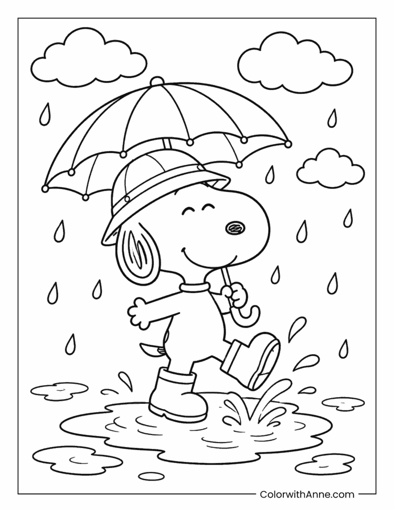 Snoopy Splashing in Rain Puddles with an Umbrella Coloring Page