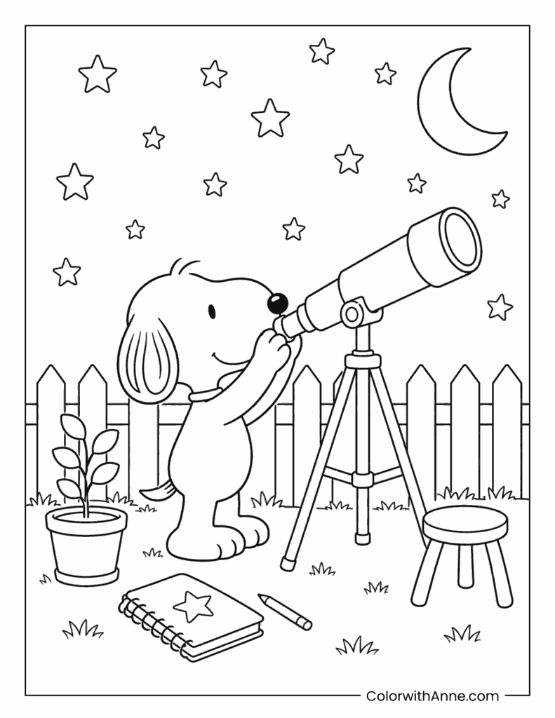 Snoopy Stargazing with a Telescope Under the Night Sky Coloring Page