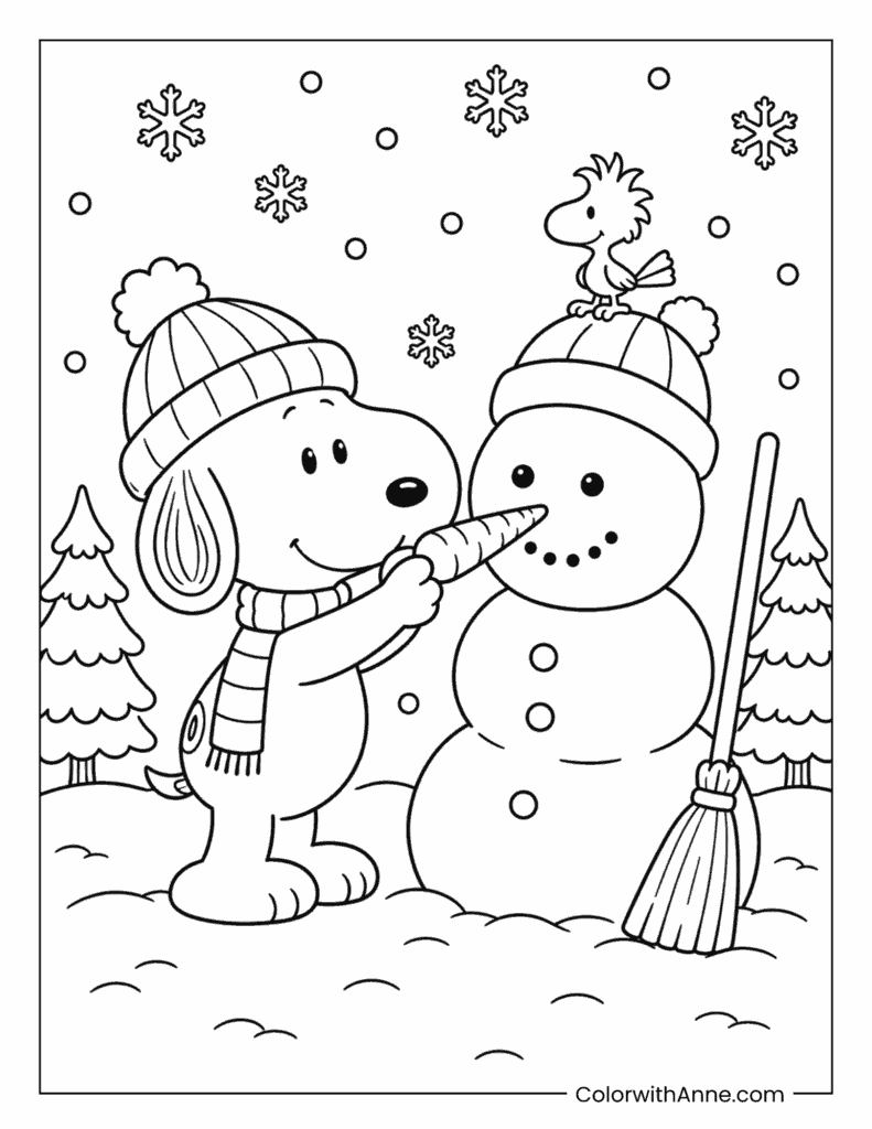 Snoopy and Woodstock Building a Snowman Coloring Page