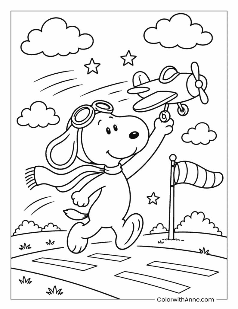 Snoopy the Aviator Racing with a Toy Airplane Coloring Page
