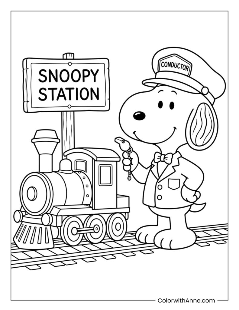 Snoopy the Train Conductor at Snoopy Station Coloring Page