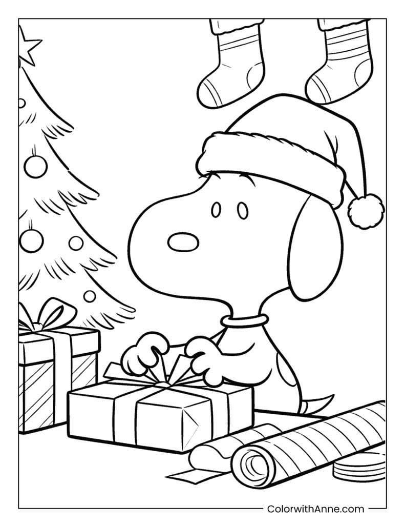Snoopy's Christmas Gift Wrapping Coloring Page