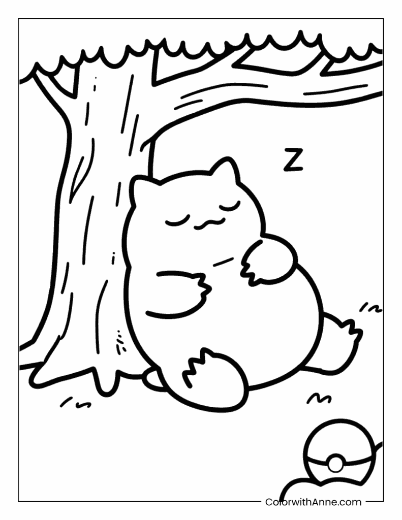 Snorlax Pokemon Sleeping in a Forest Coloring Page