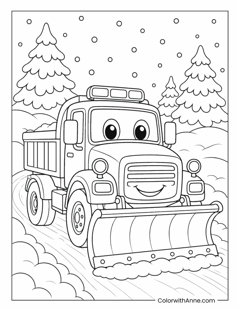 Snow Plow Truck In Winter Forest Coloring Page
