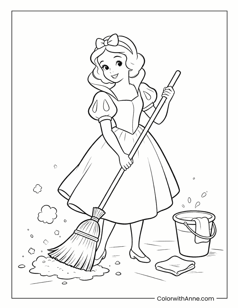Snow White Cleaning with a Broom Coloring Page