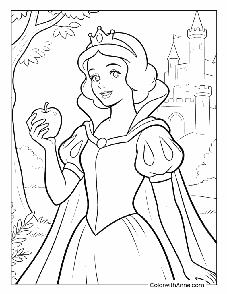 Snow White Holding an Apple Coloring Page for Kids