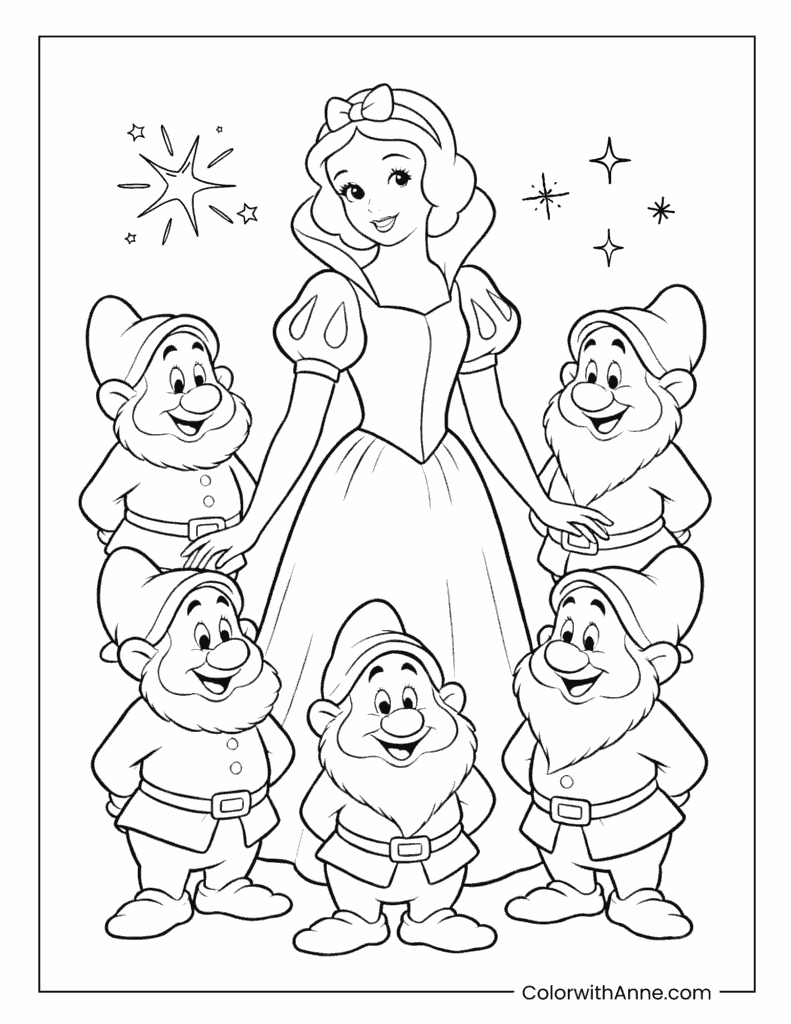 Snow White with Dwarfs Coloring Page