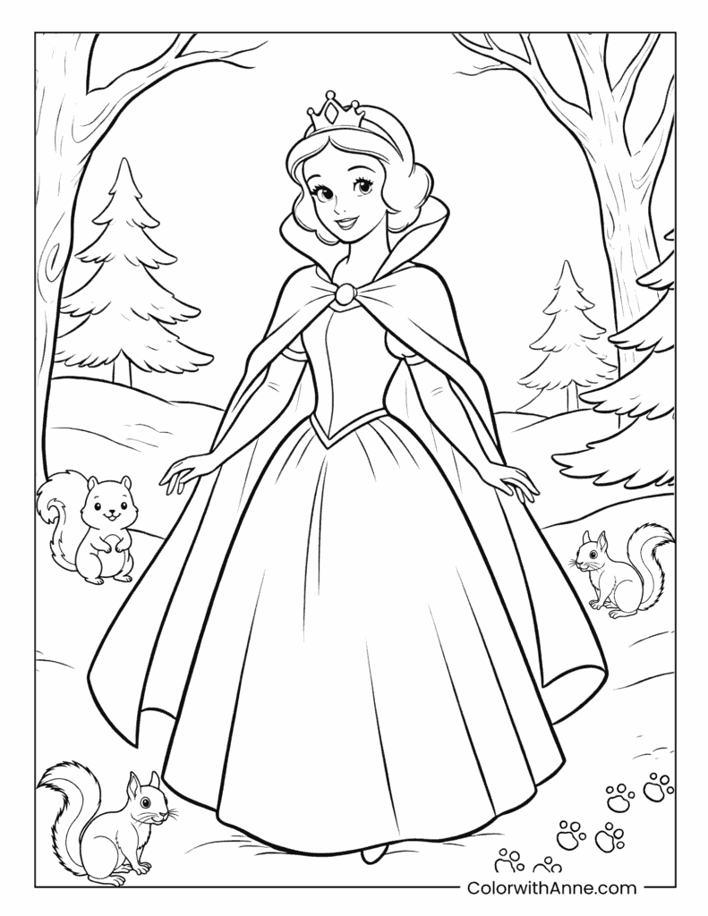 Snow White with Squirrels in the Forest Coloring Page
