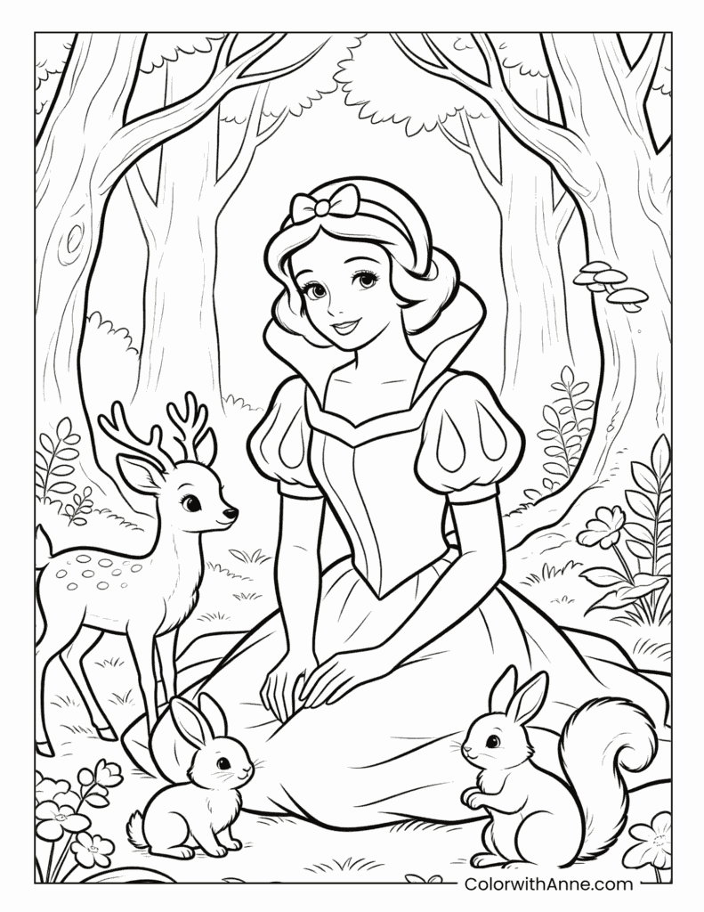 Snow White with Woodland Animals Coloring Page