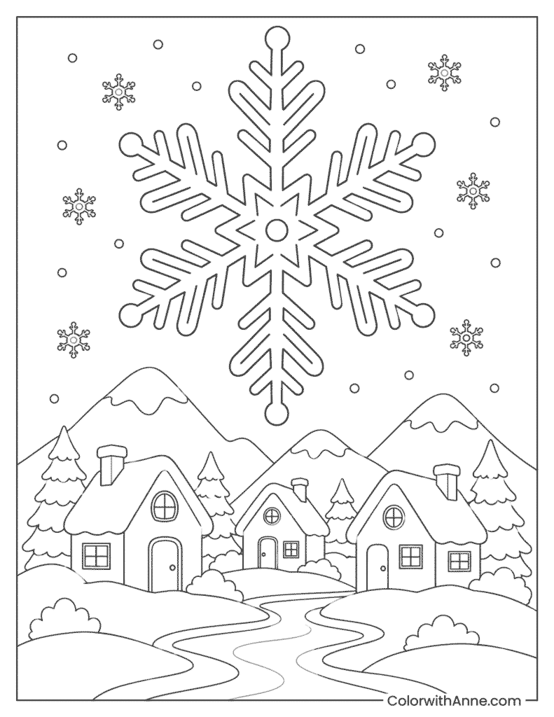 Snowflake over a Winter Village Coloring Page