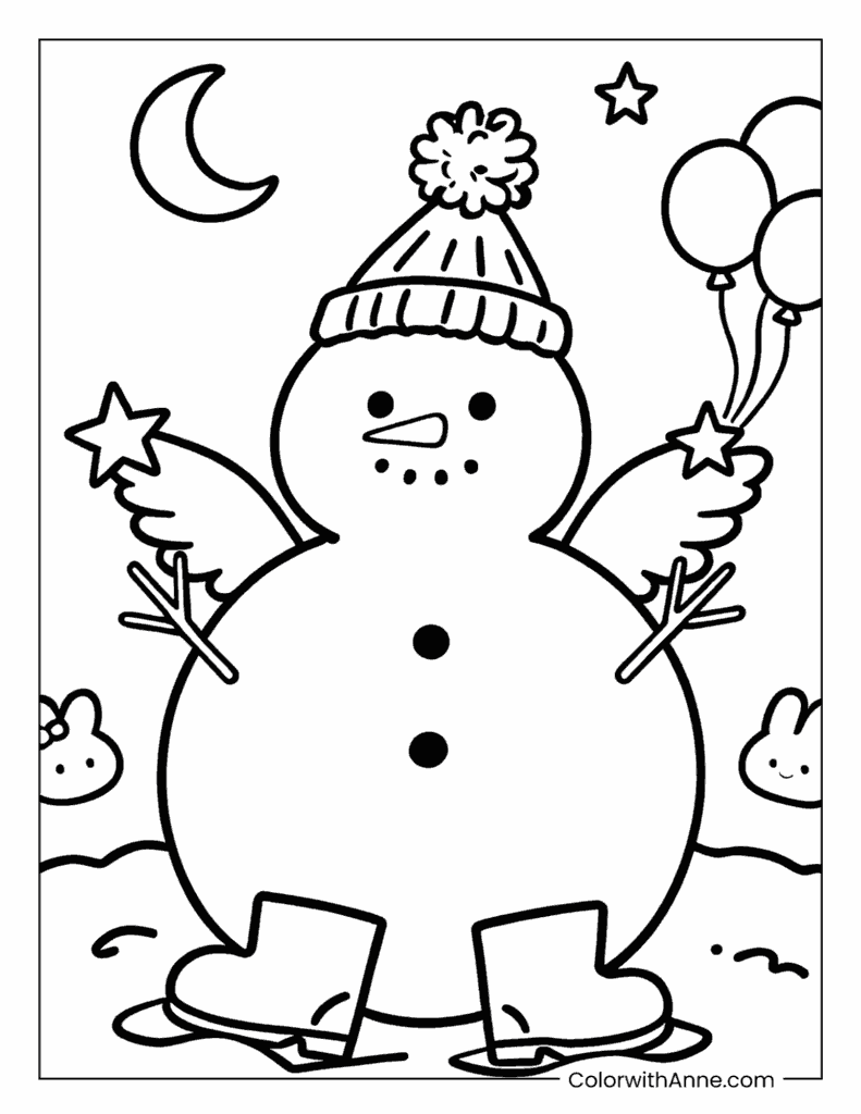 Snowman Holding Stars and Balloons Coloring Page