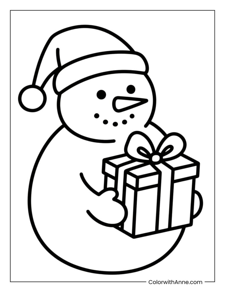 Snowman Holding a Gift Box Coloring Page