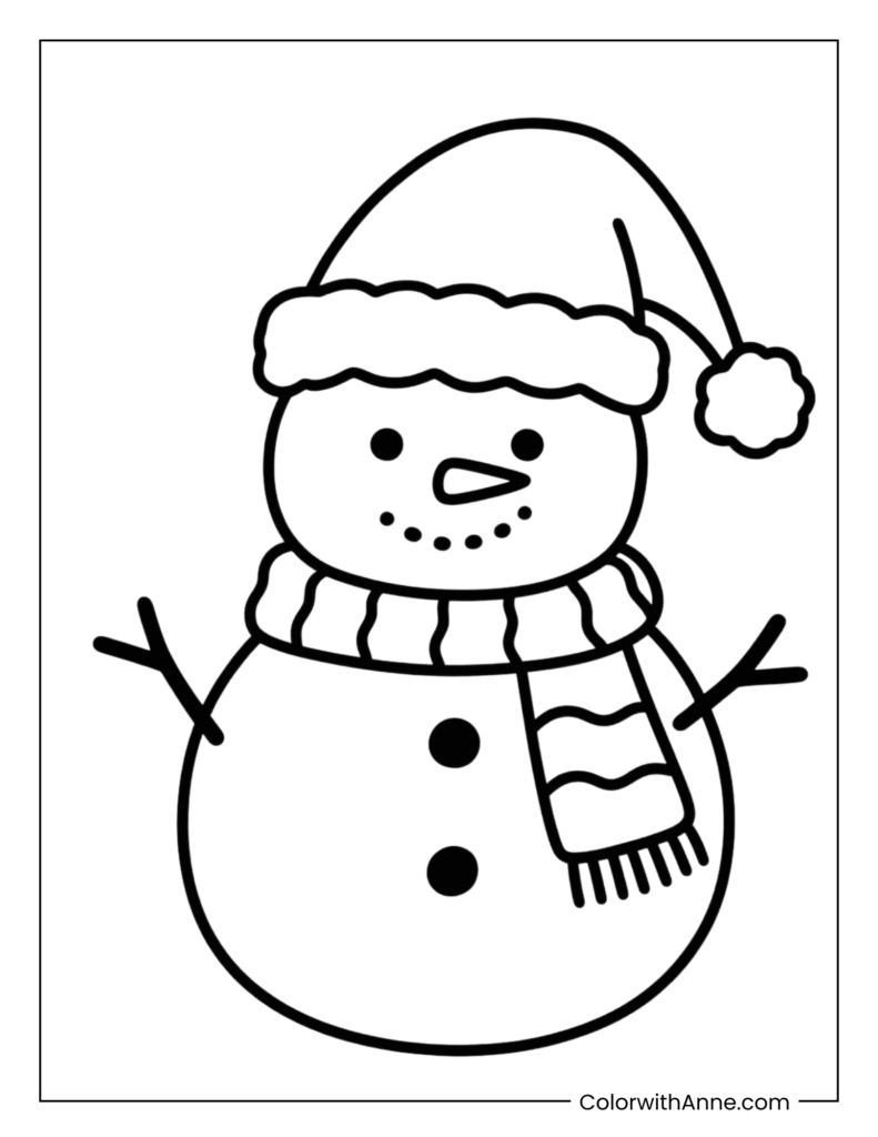 Snowman Wearing Santa Hat and Scarf Coloring Page