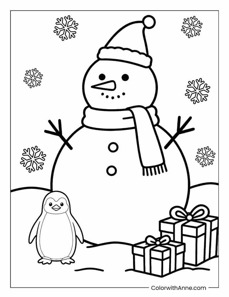 Snowman and Penguin Christmas Party Coloring Page