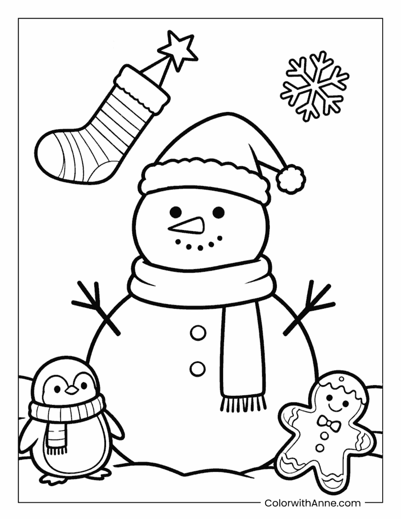 Snowman with Holiday Friends Coloring Page