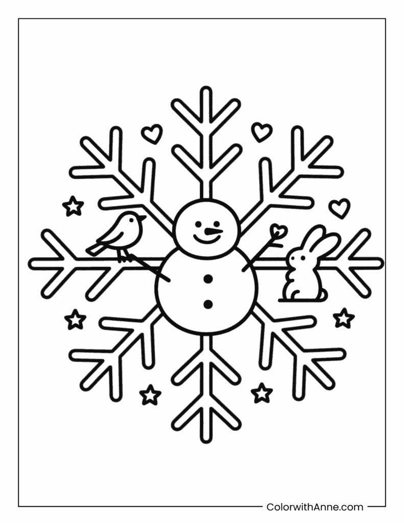Snowman's Snowflake Circle of Friends Coloring Page