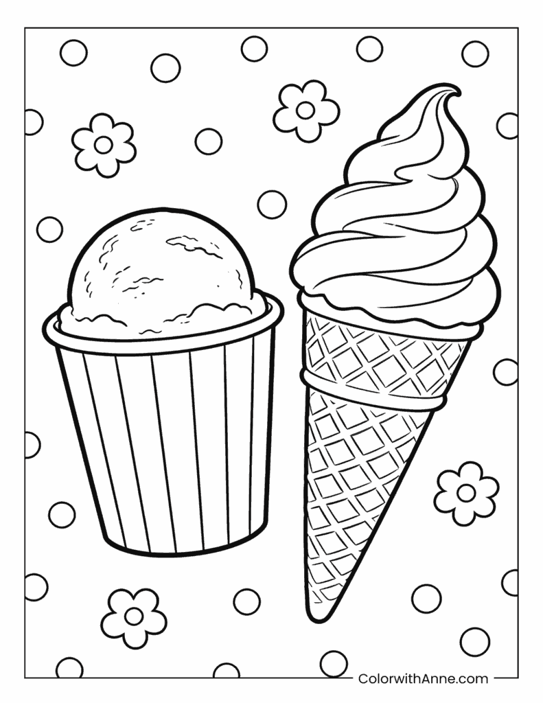 Soft-Serve Cup and Swirled Cone with Flowers Coloring Page