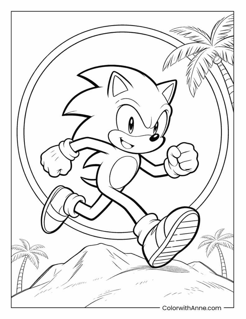 Sonic Running in a Circle with Palm Trees Coloring Page