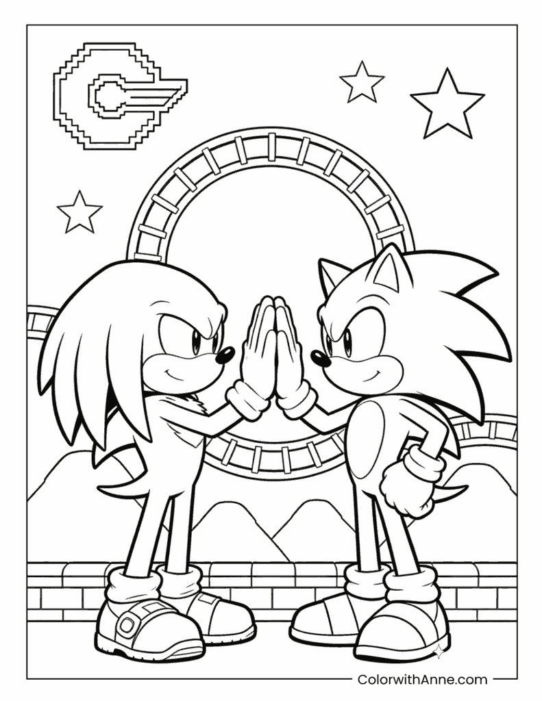 Sonic and Knuckles High Five Coloring Page