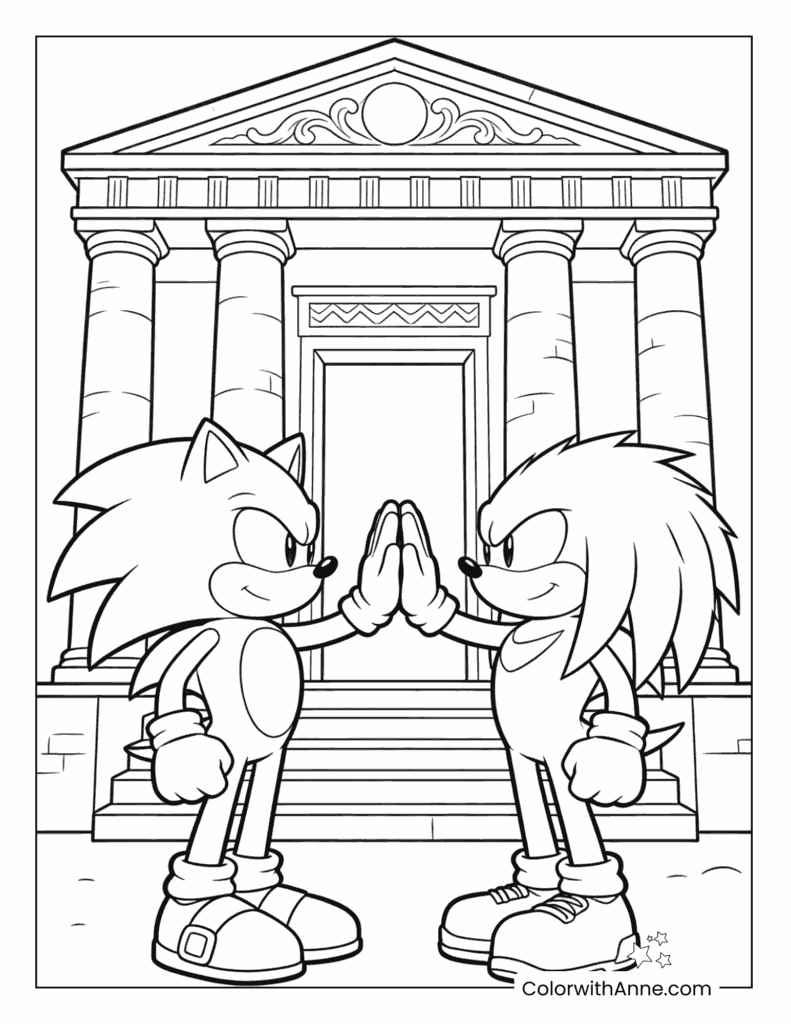 Sonic and Knuckles High-Five at a Temple Coloring Page