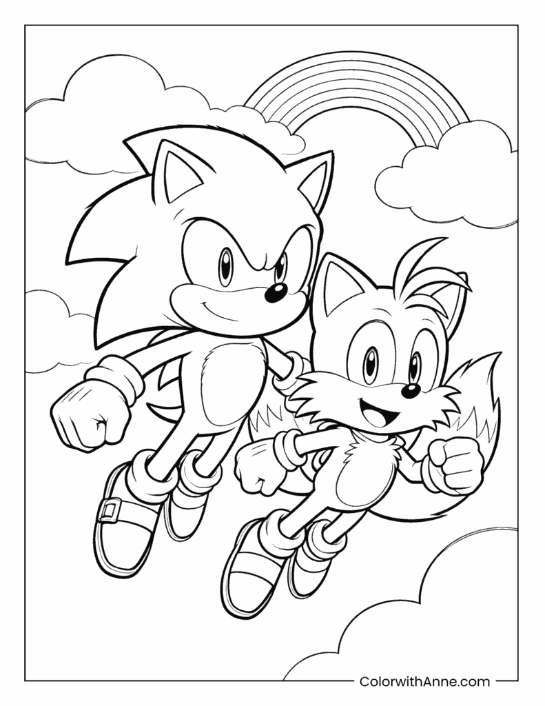 Sonic and Tails Flying Under a Rainbow Coloring Page