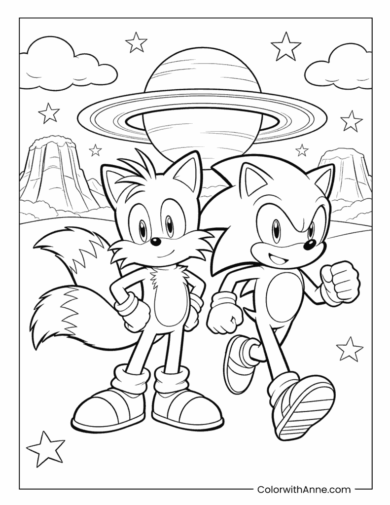 Sonic and Tails Running with Planet Background Coloring Page