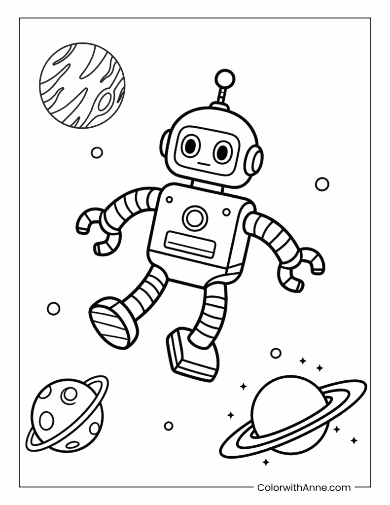 Space Explorer Robot Floating Near Planets Coloring Page