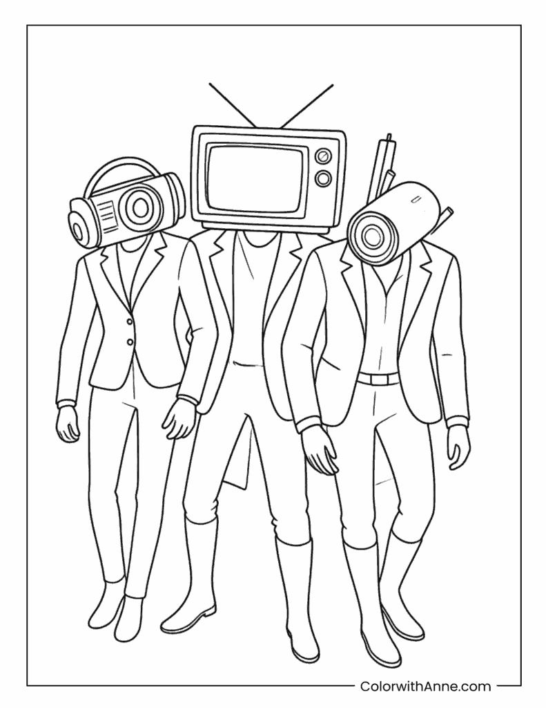 Speaker Man, TV Man and Camera Man Team Walk Coloring Page