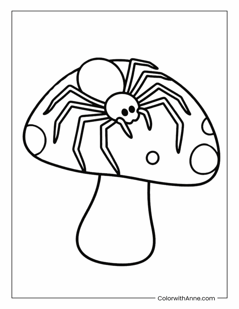 Spider Crawling Over a Mushroom Coloring Page