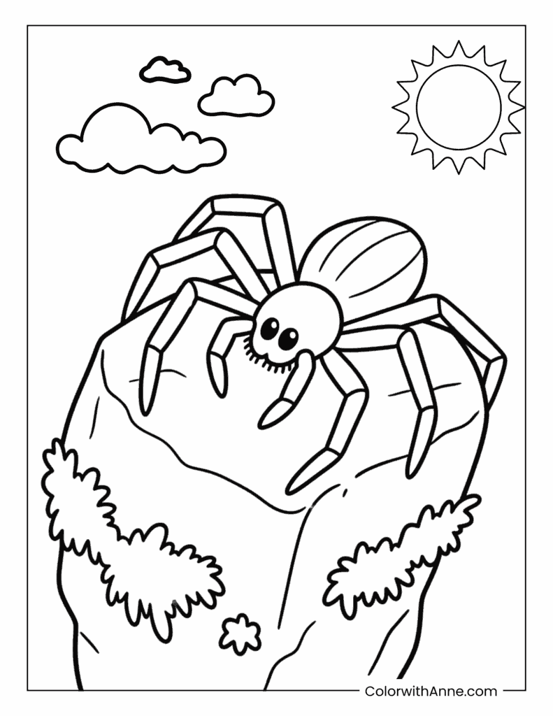 Spider Crawling on a Mossy Rock Coloring Page