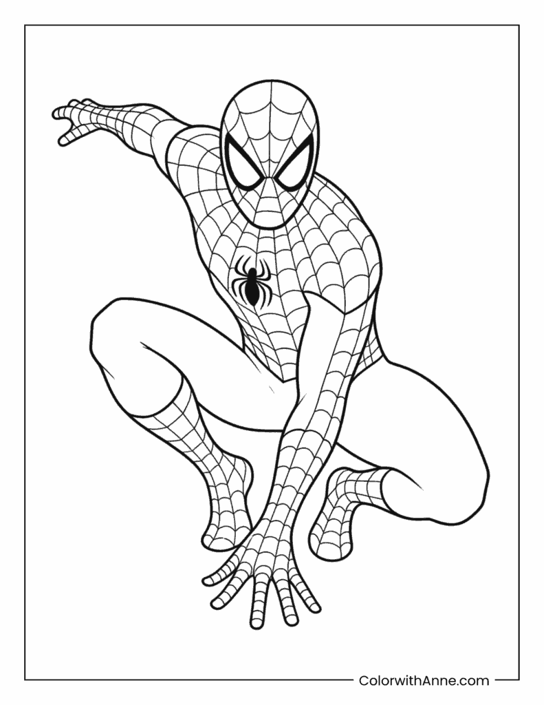 Spider Man Classic Low Crouching Action Pose Coloring Page