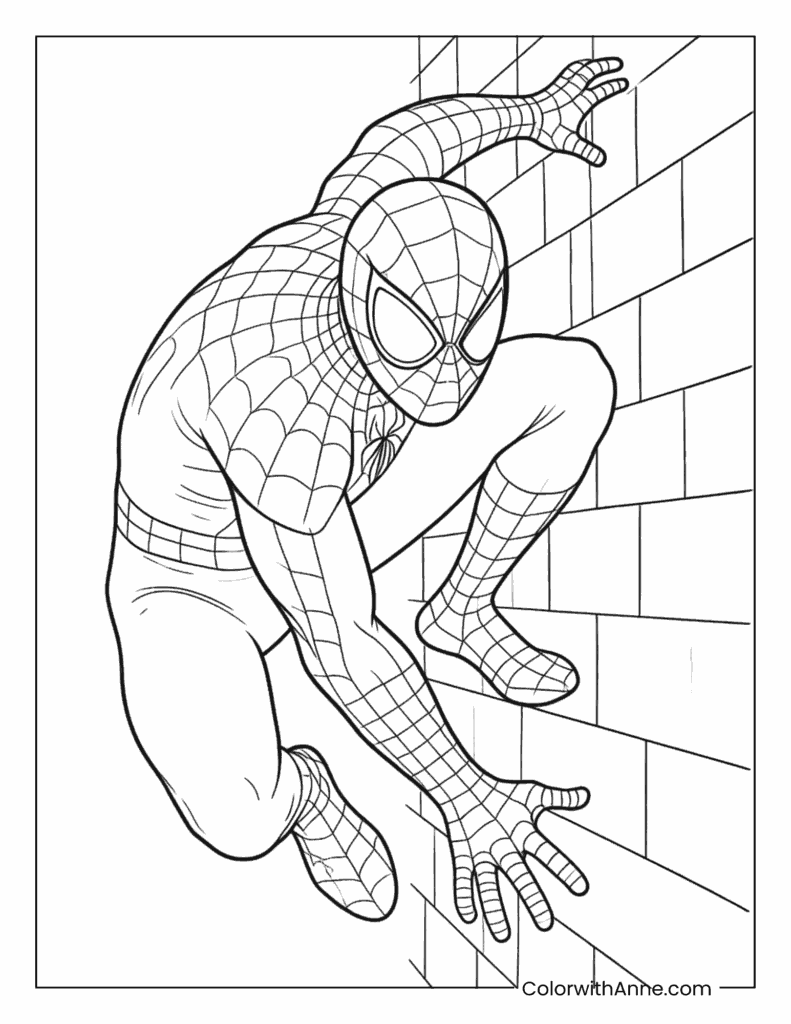 Spider Man Crawling Sideways on Brick Wall Coloring Page