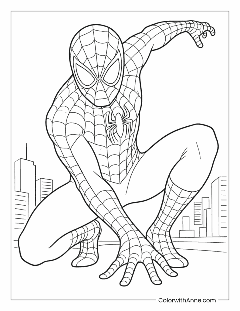 Spider Man Crouching Low Beside City Skyline Coloring Page