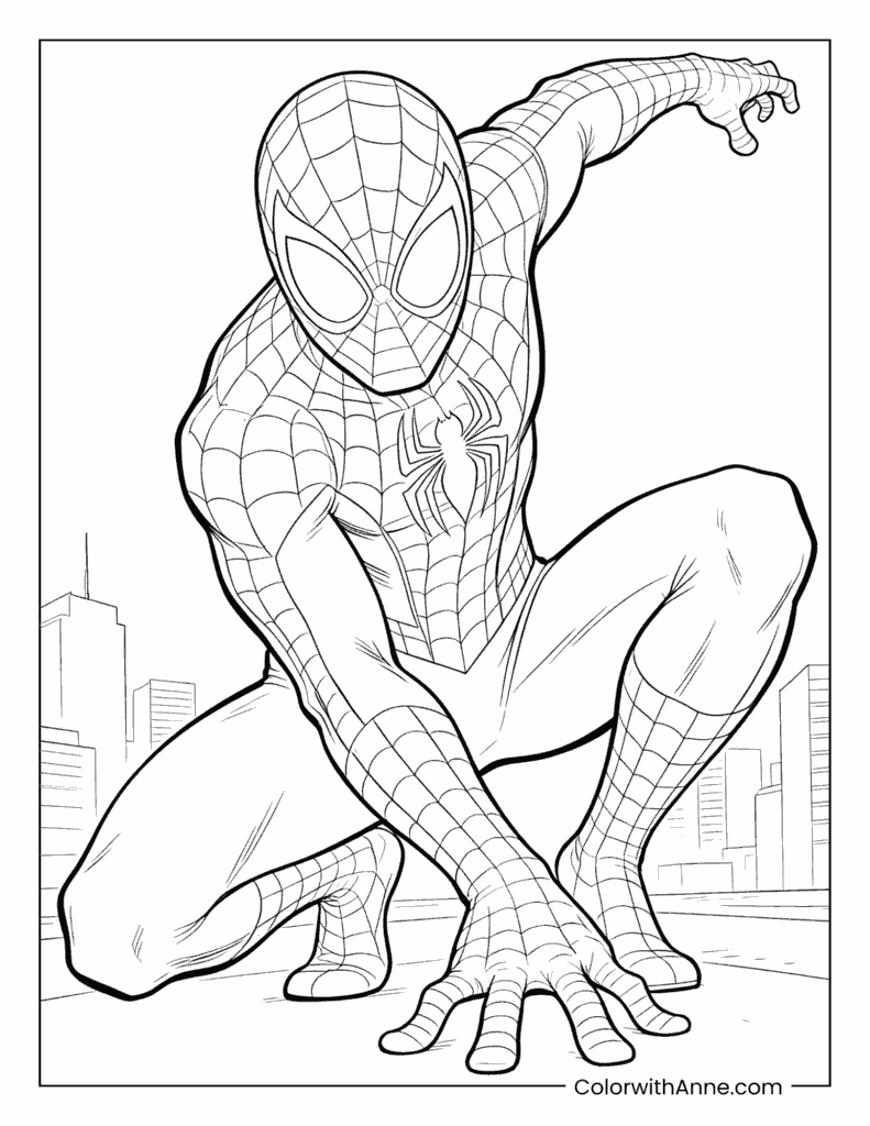 Spider-Man Crouching in an Alert Pose Coloring Page