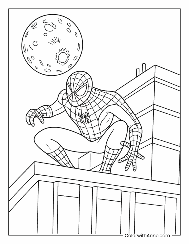 Spider Man Crouching on Rooftop Under Full Moon Coloring Page