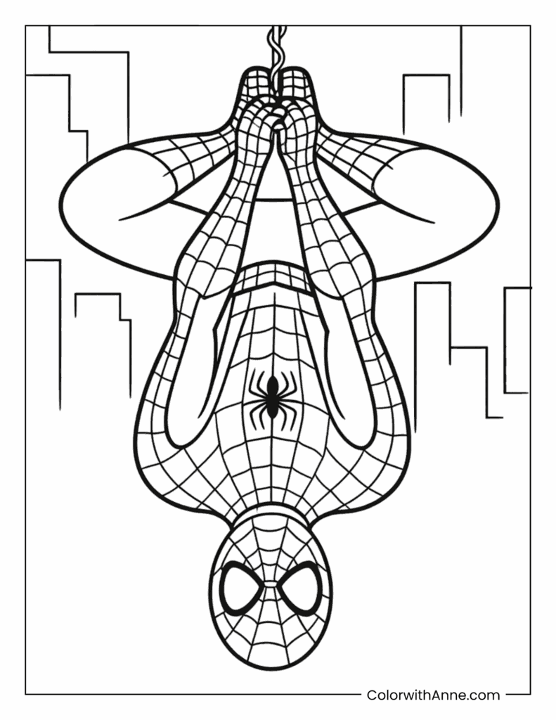 Spider Man Hanging Upside Down Above City Coloring Page