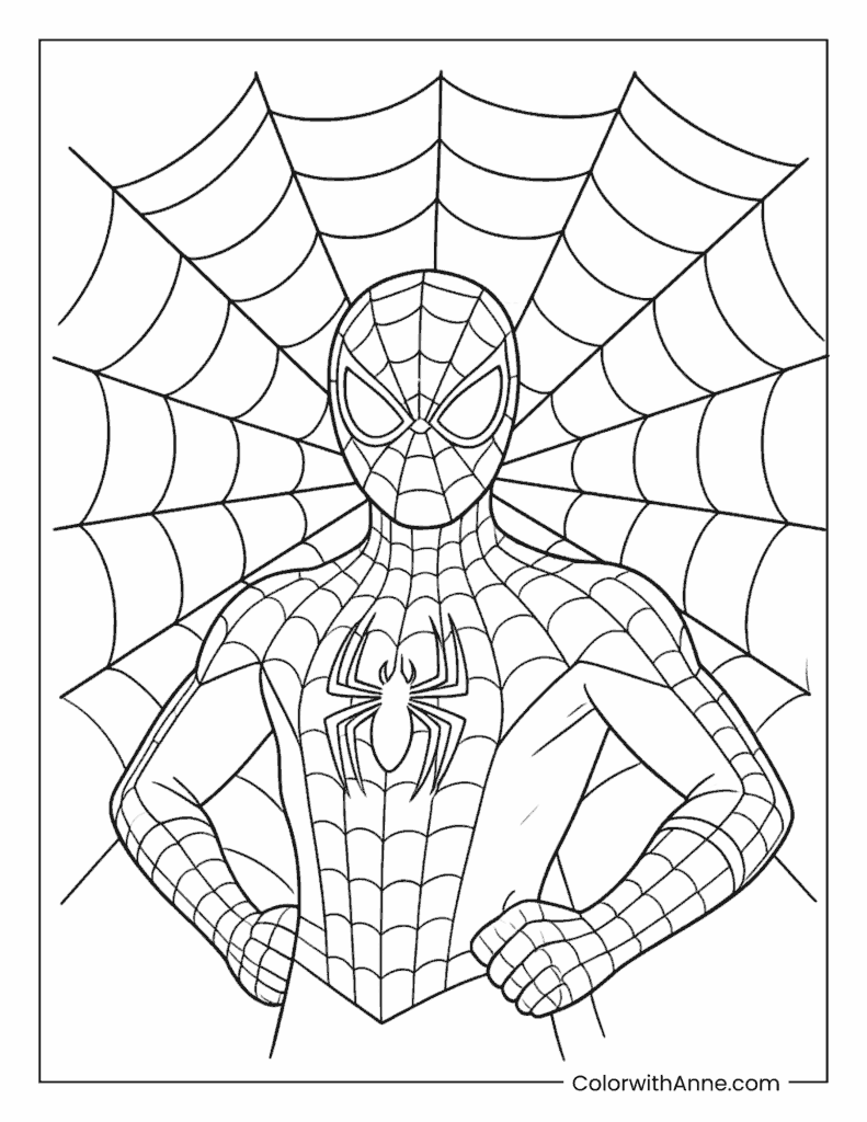 Spider Man Hero Portrait Against Giant Web Coloring Page