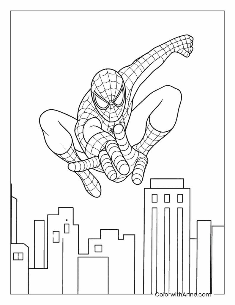 Spider Man Jumping High Over City Skyline Coloring Page