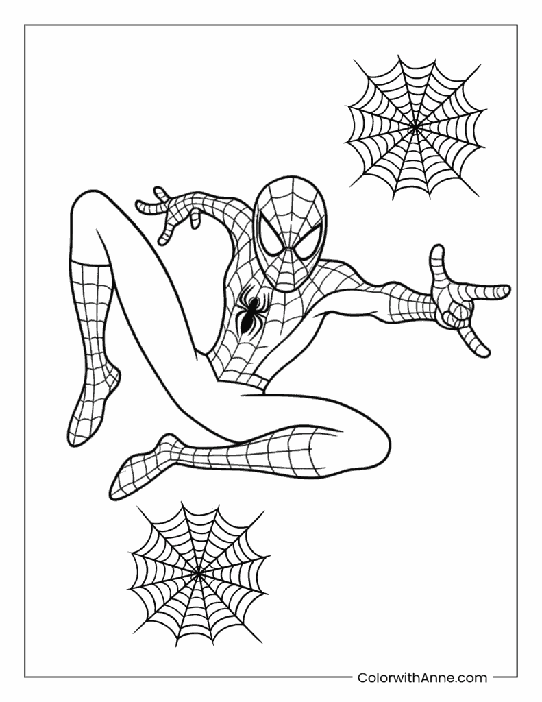 Spider Man Leaping Between Two Spider Webs Coloring Page
