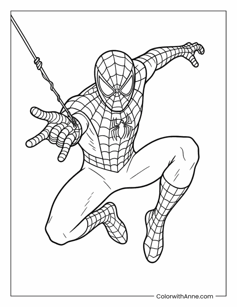 Spider Man Leaping Forward Holding Web Line Coloring Page