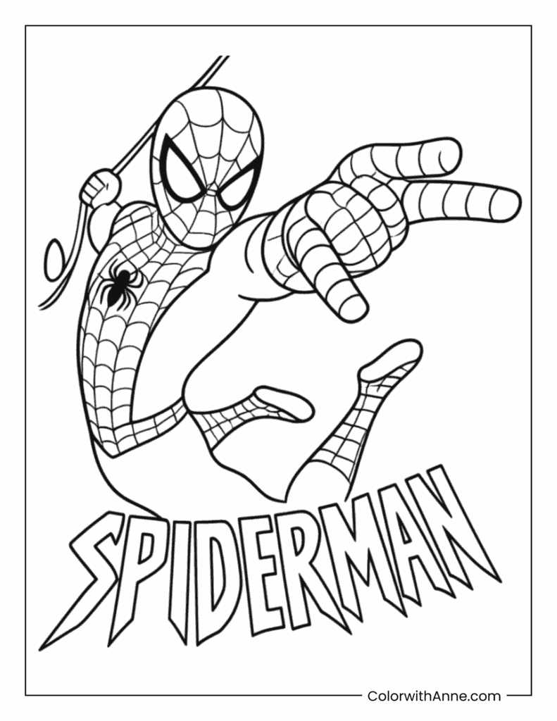 Spider Man Leaping Over Bold Lettered Logo Coloring Page